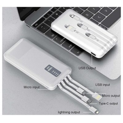 פאוורבנק 10,000mAh עוצמתי עם 4 כבלים מובנים
