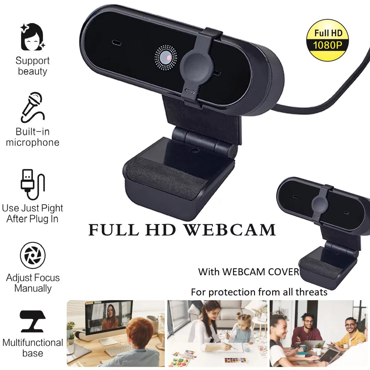 מצלמת רשת Full HD 1080P למחשב עם מיקרופון מובנה ותריס פרטיות – תמונה 2