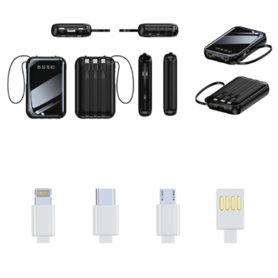 פאוור בנק מיני 10,000mAh עם צג דיגיטלי וכבלים מובנים