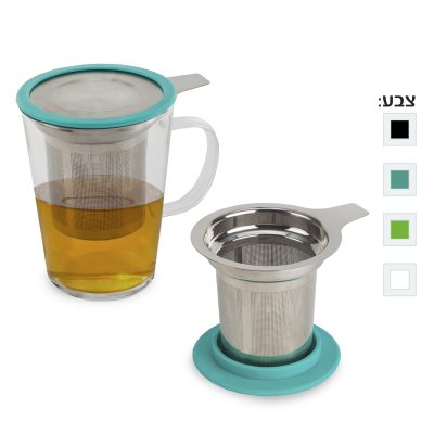 כוס שתיה מזכוכית עם מסננת חליטה מנירוסטה